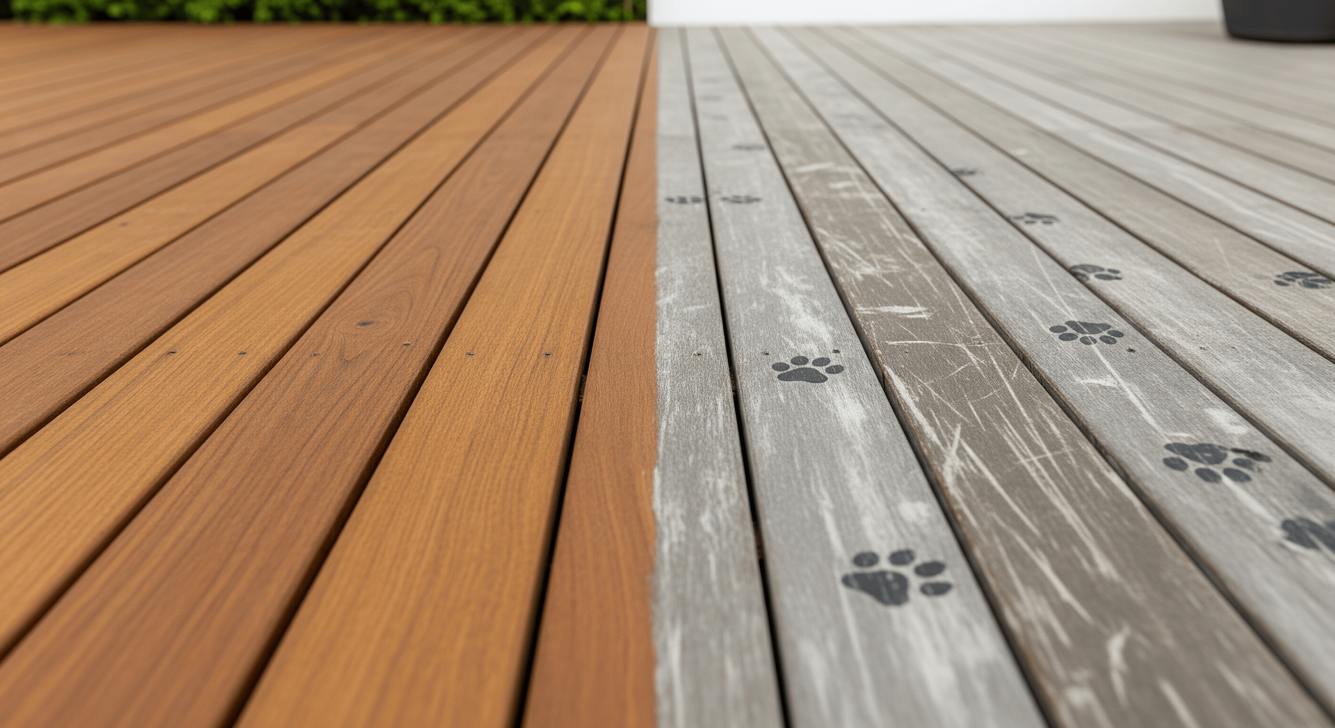 Half a wooden deck, stained brown, next to a faded, gray deck with paw prints.