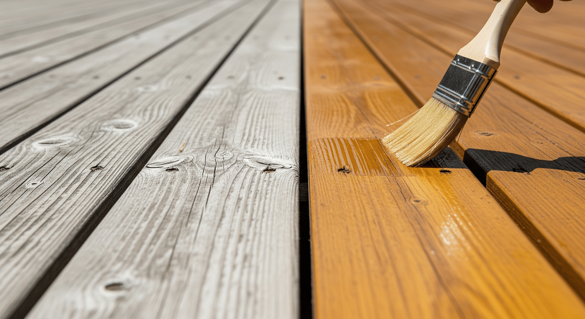 Wood deck being stained with a brush; the left side is gray and weathered, the right side is freshly stained orange.