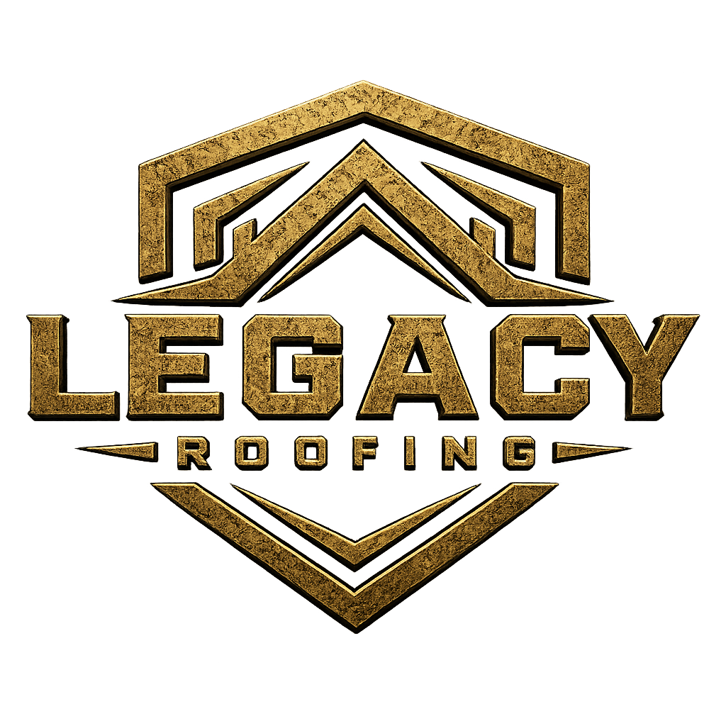 Gold and black Legacy Roofing logo with a stylized roof emblem above bold text.