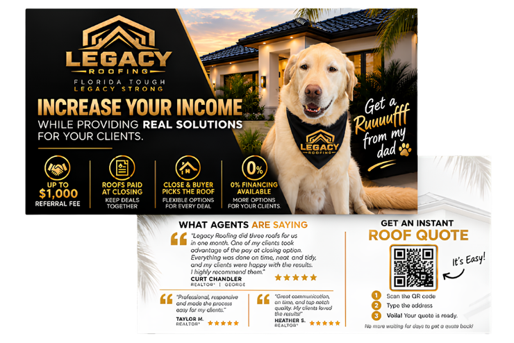 Roofing company ad with gold logo, smiling dog, and text about increasing income and getting a roof quote