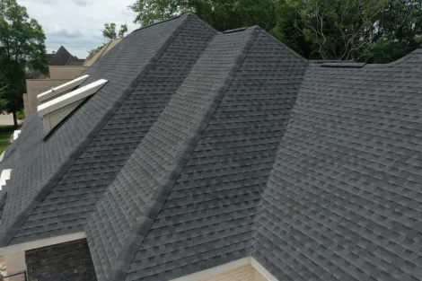 Two brick chimneys with caps rising from a shingled roof against green trees