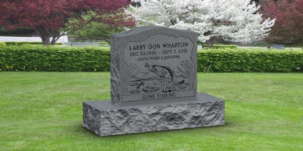 A gravestone in a cemetery with a tree in the background.