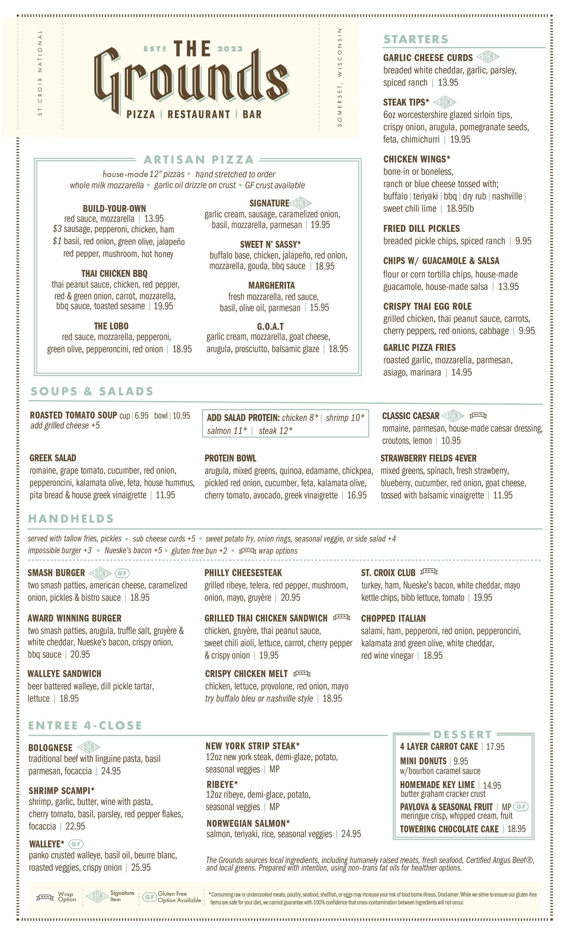 A menu for a restaurant called the grounds