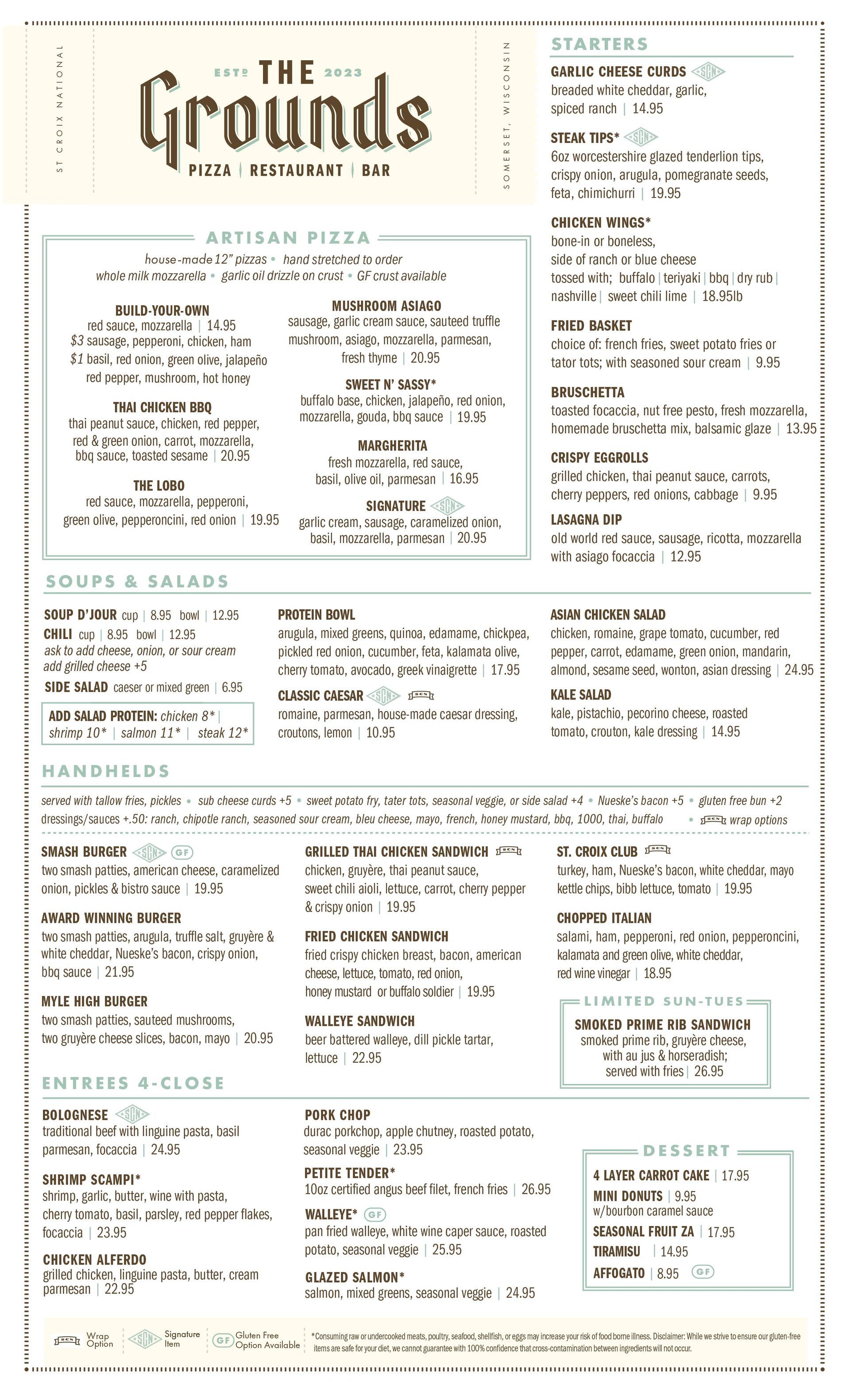 A menu for a restaurant called the grounds