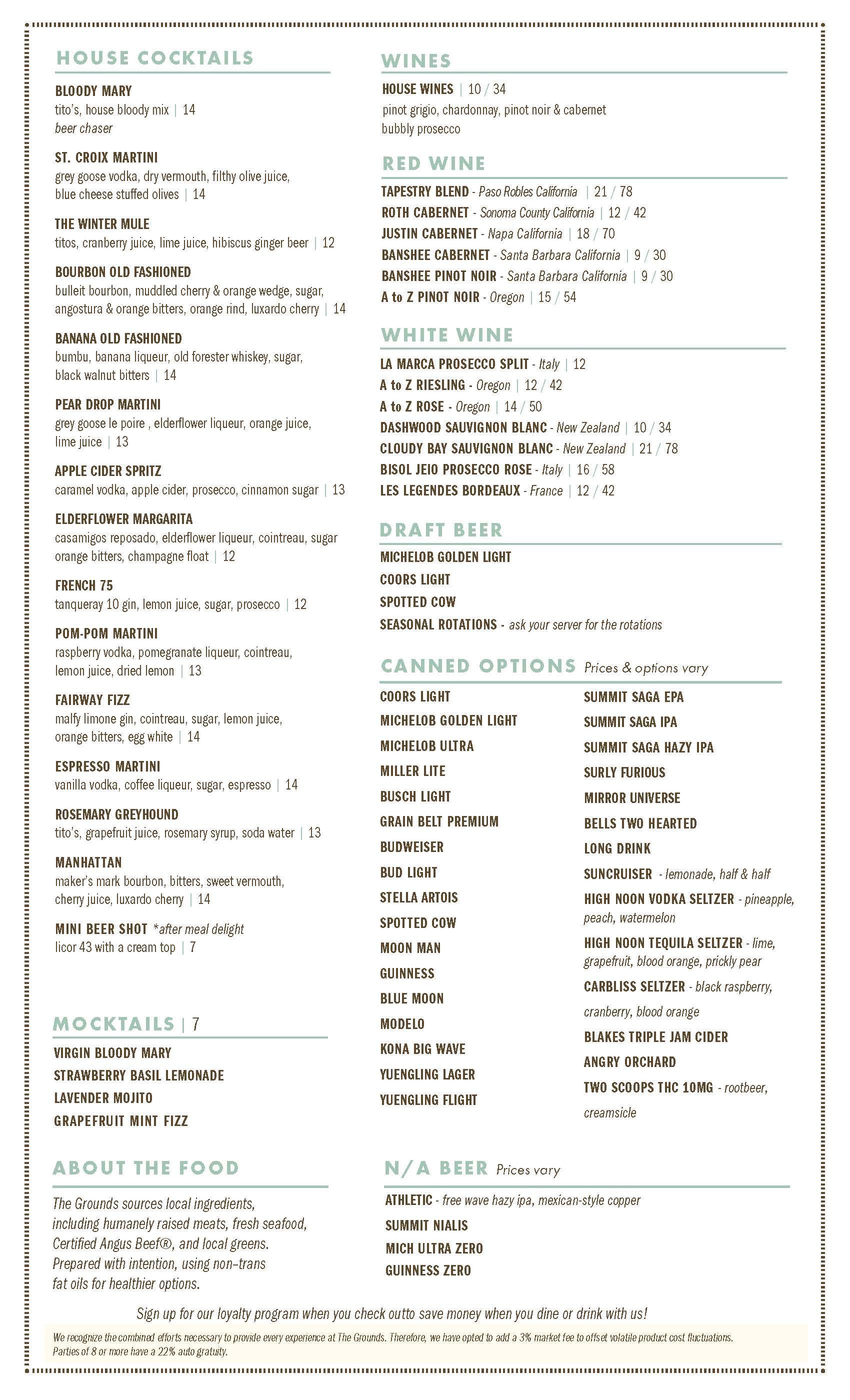 Cocktail menu for The Grounds Website