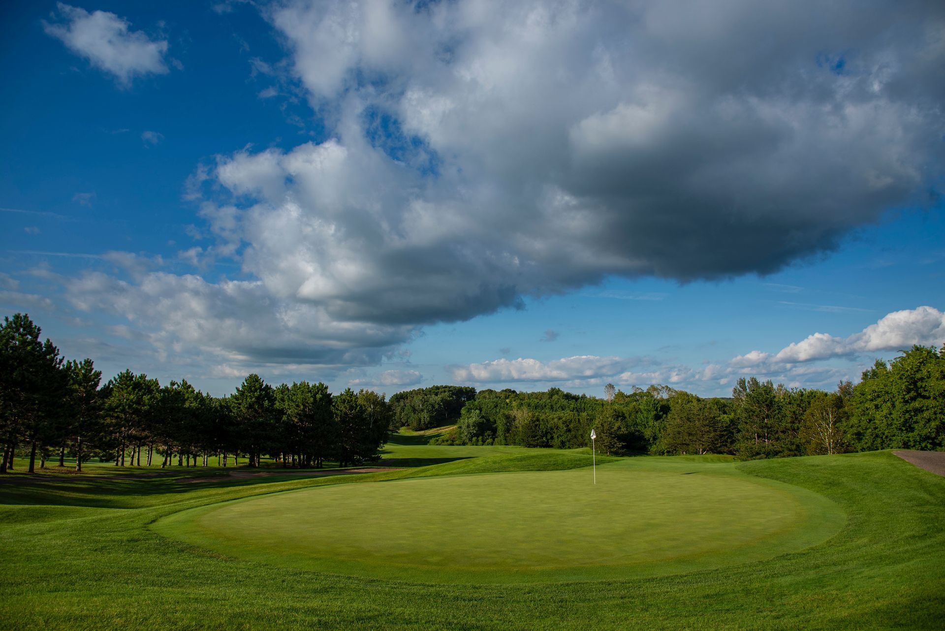 A golf course with a green and trees on a cloudy day.