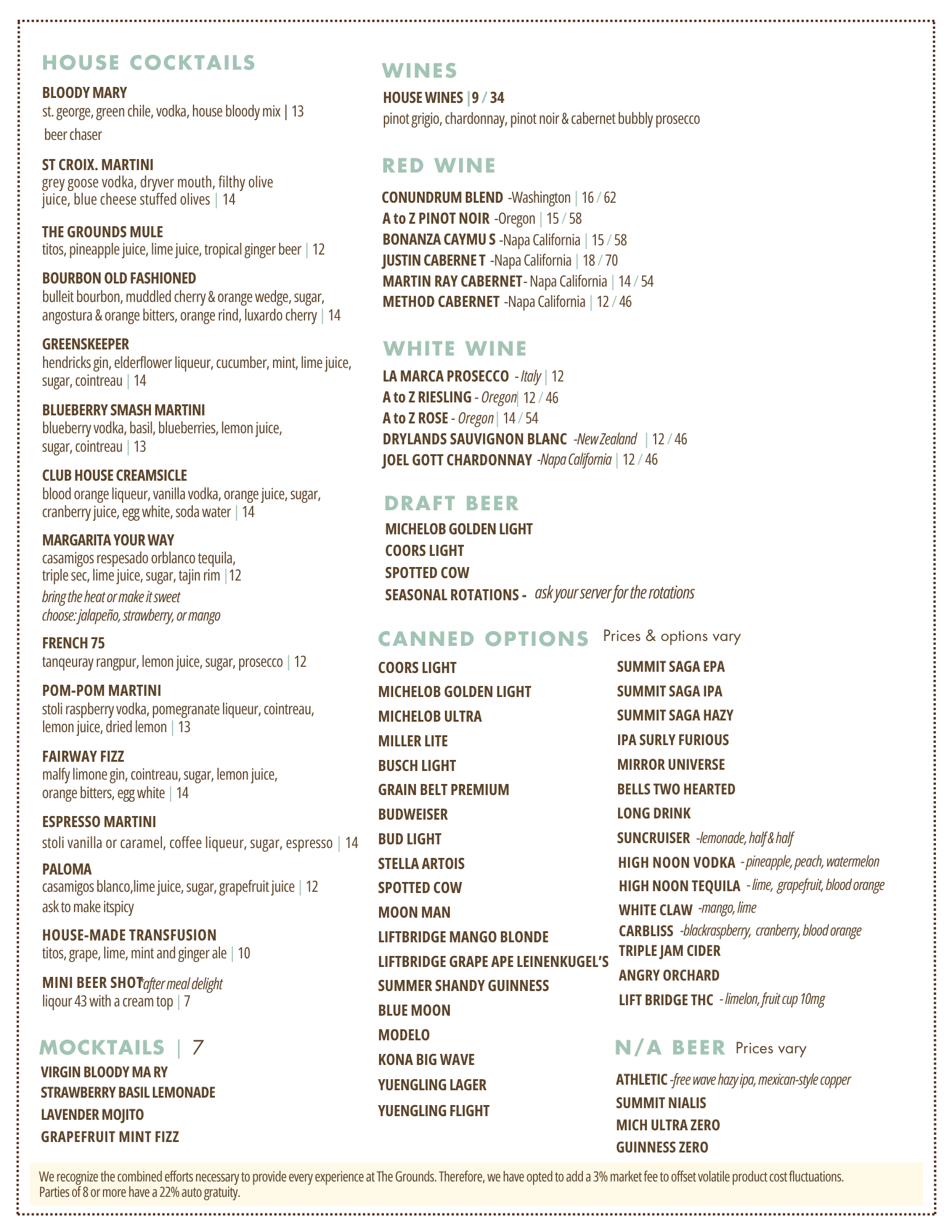 Cocktail menu for The Grounds Website