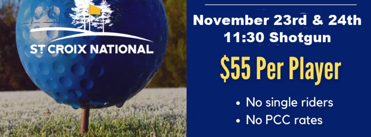 A blue ball is sitting on a tee next to a sign that says $ 55 per player