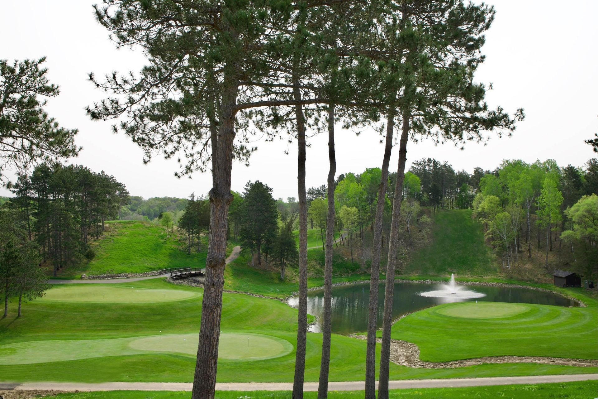 A golf course with trees and a pond in the middle