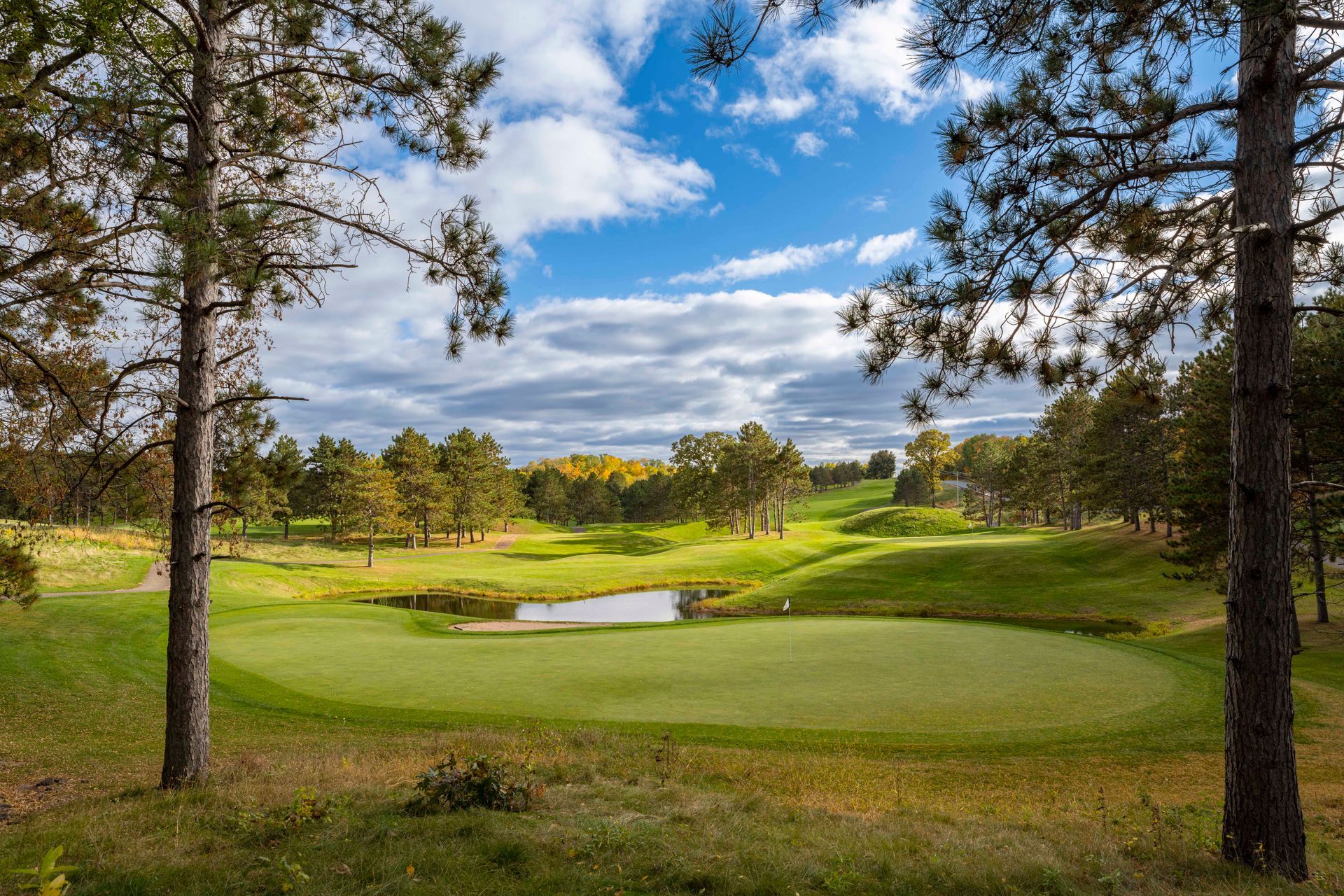 A golf course with trees and a pond in the middle of it.