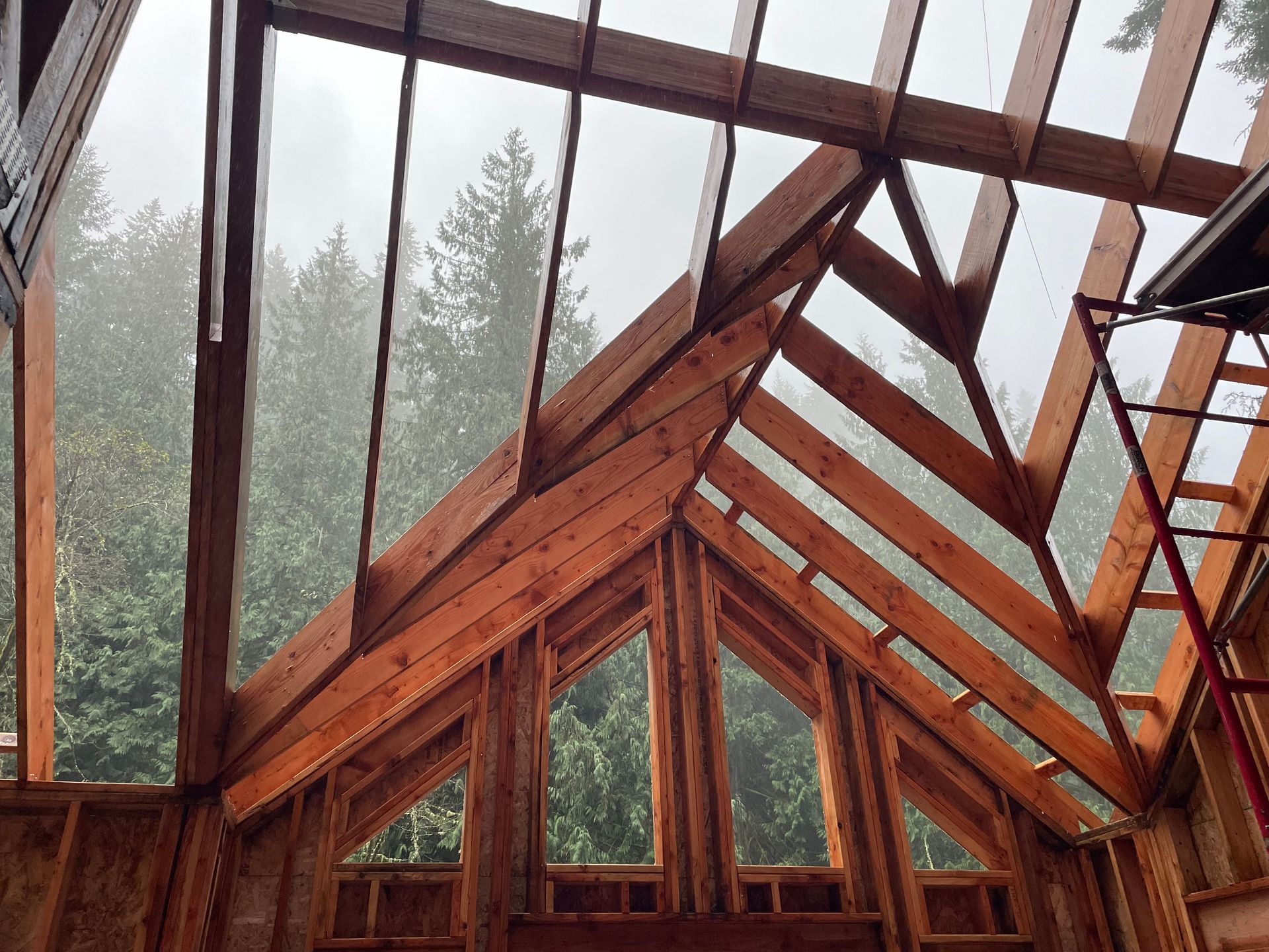 Wooden cabin interior with exposed beams and large glass windows overlooking trees