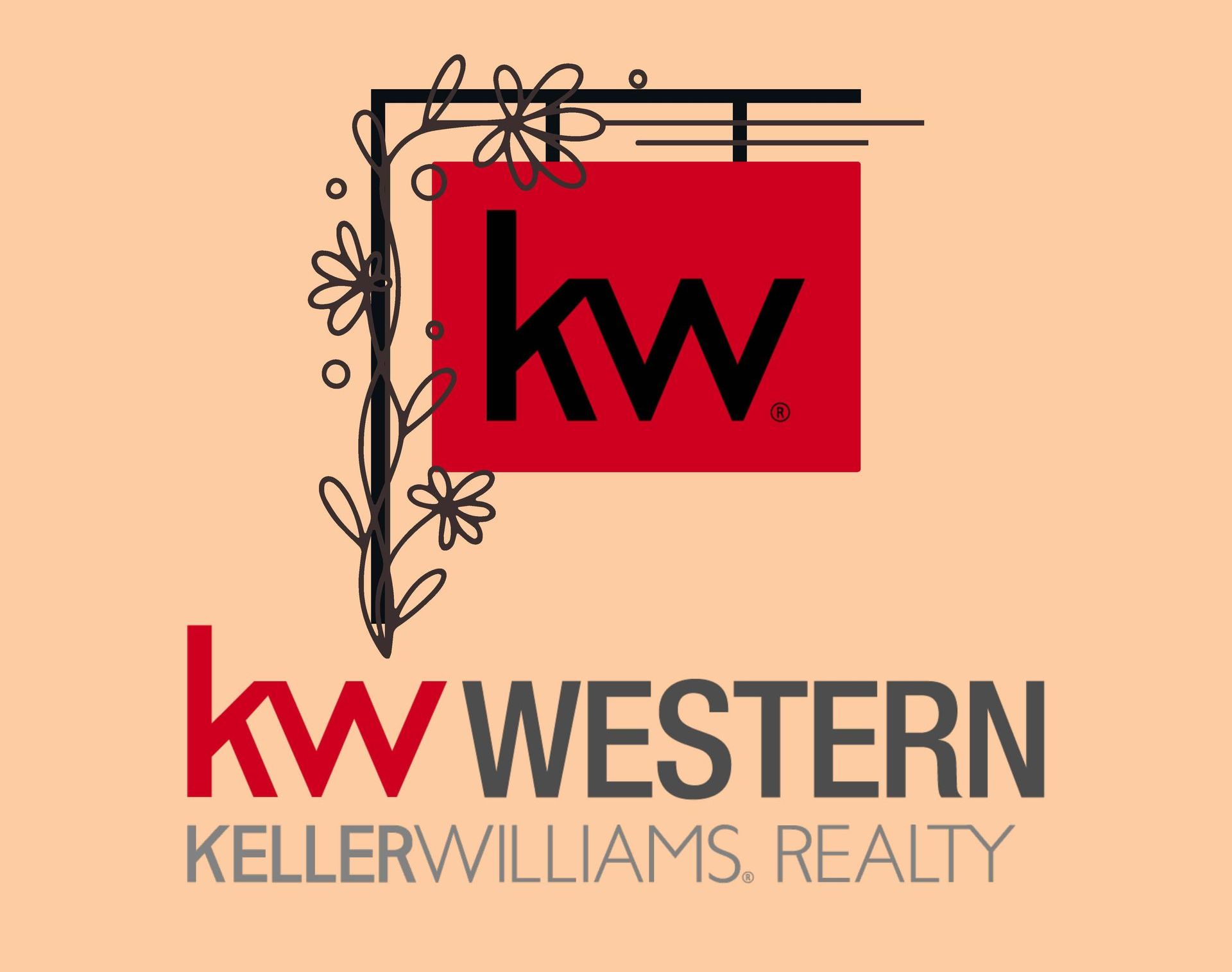 Keller Williams Western Realty logo with red kw icon and floral line art on a beige background