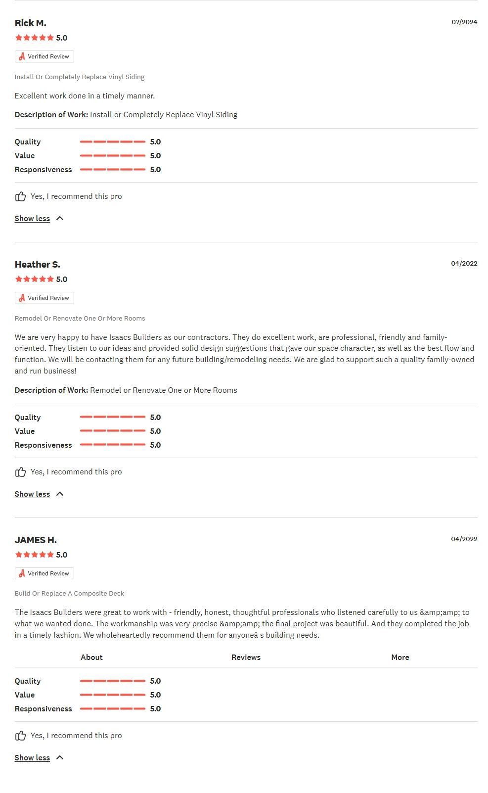 White webpage showing three stacked product/review cards with red star ratings and short text.
