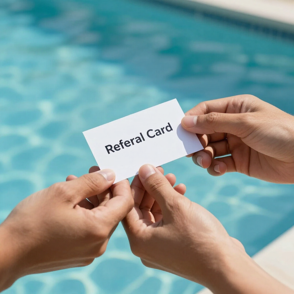 Hands exchanging a “Referral Card” by a blue pool