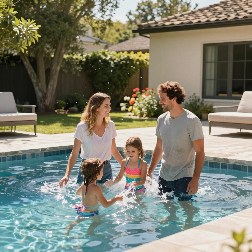 Family playing in a backyard pool, smiling and splashing in the sun