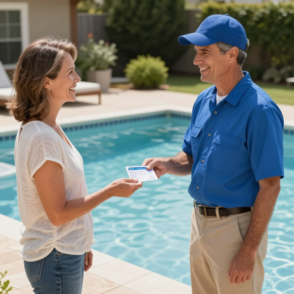 Poolside worker hands a card to a smiling customer beside a backyard pool