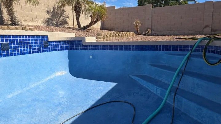 Empty blue swimming pool with hose inside, patio wall and palm tree in the background