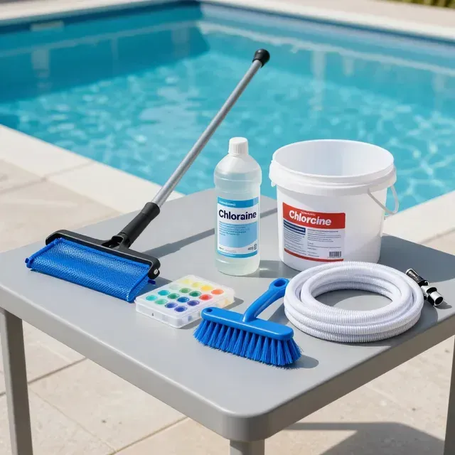 Pool cleaning supplies on a table: brushes, pool vacuum hose, chlorine bottles, and test strips.