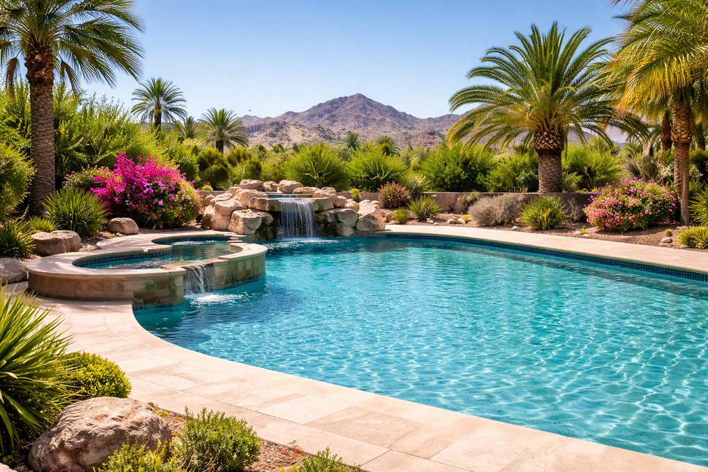 Luxury backyard pool with palm trees, stone waterfalls, and desert mountains in the background