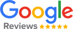 Google Reviews logo with blue and red Google text and five gold stars