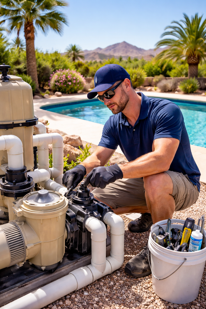 Technician repairing pool pump beside a backyard pool with tools and white pipes