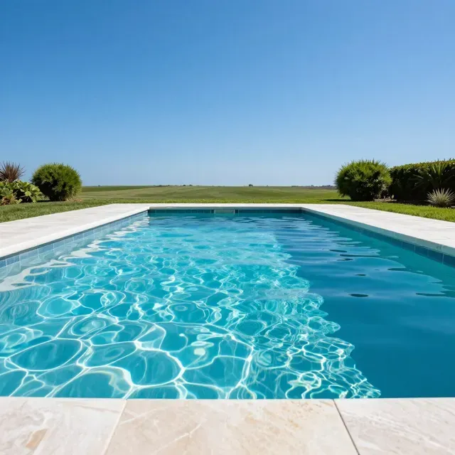 Clear blue swimming pool with white stone deck and green lawn under a bright sky