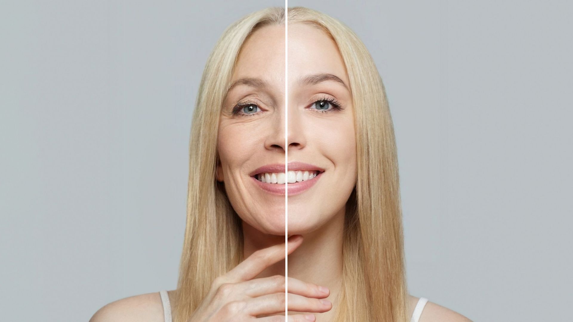 Split portrait of a smiling blonde woman, half natural and half black-and-white, on a light gray background
