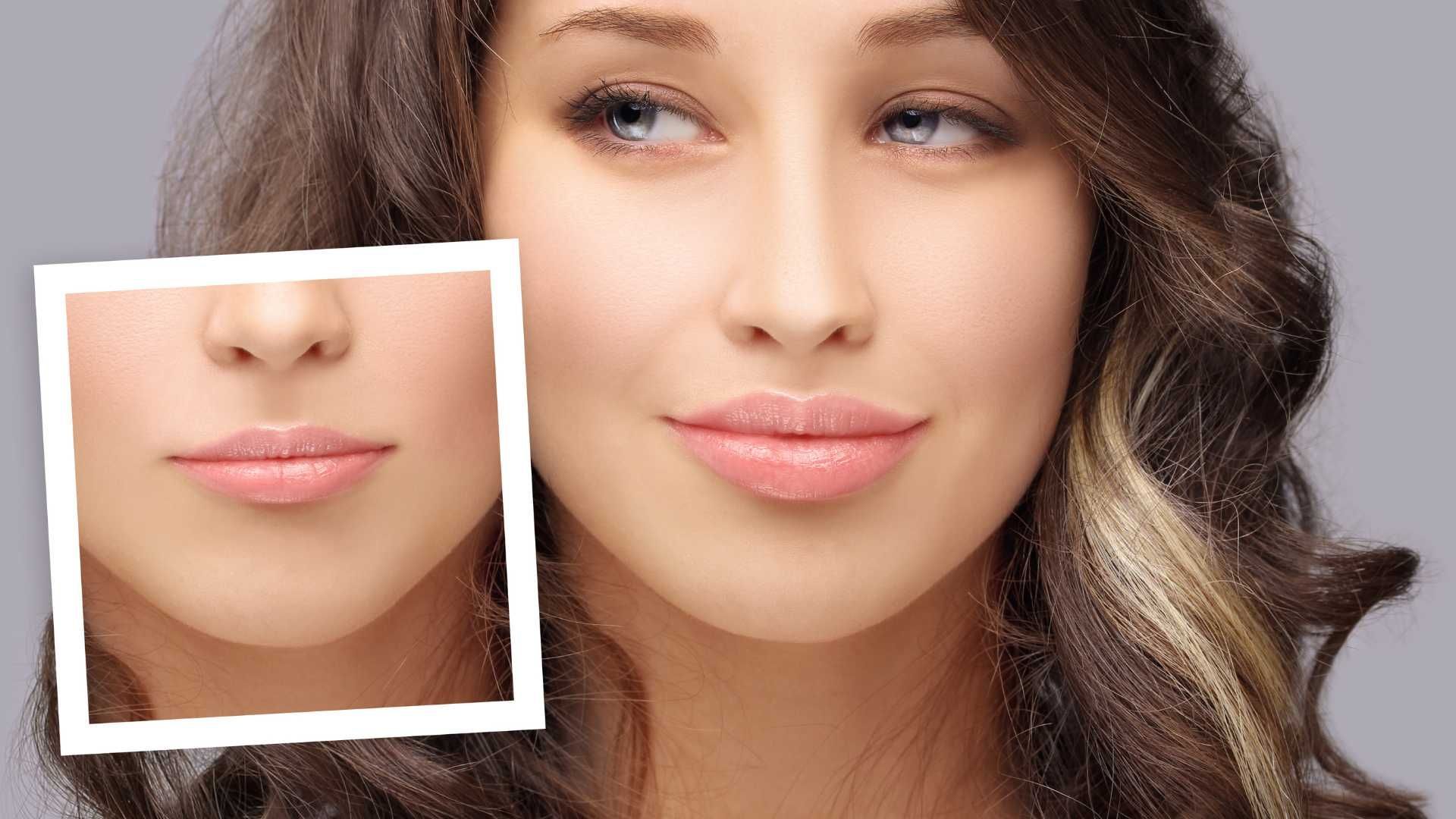 Close-up of a woman's face with smooth pink lips, plus inset showing close-up of lips before and after treatment