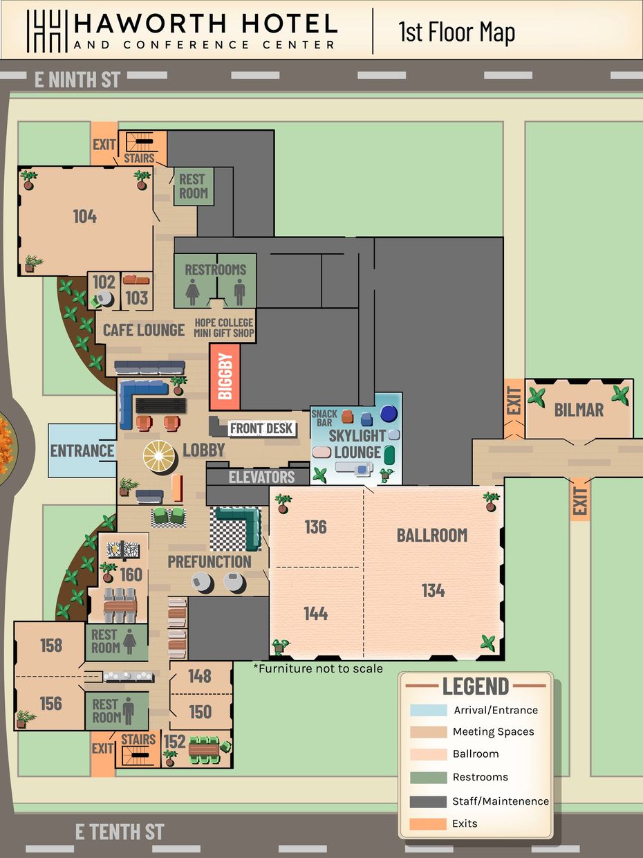 Haworth Hotel first-floor map with labeled rooms, lobby, stairs, and exits in a beige-and-green layout
