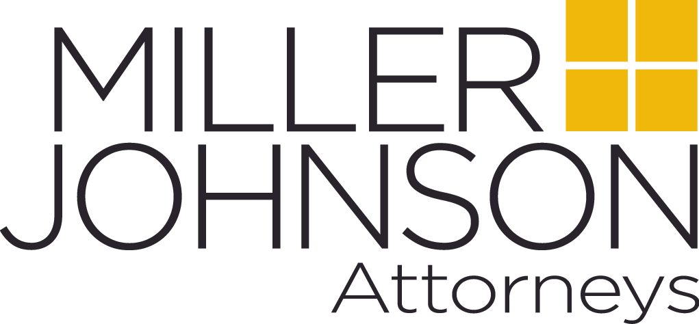 Miller Johnson Attorneys logo in black with gold square accents