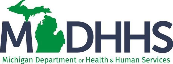 Michigan Department of Health and Human Services logo with green Michigan silhouette and blue text