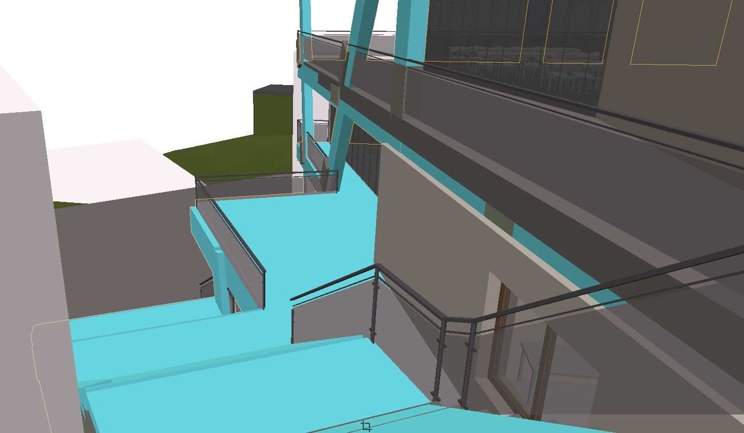 Modello 3D di un edificio con pareti color verde acqua e ringhiere grigie.