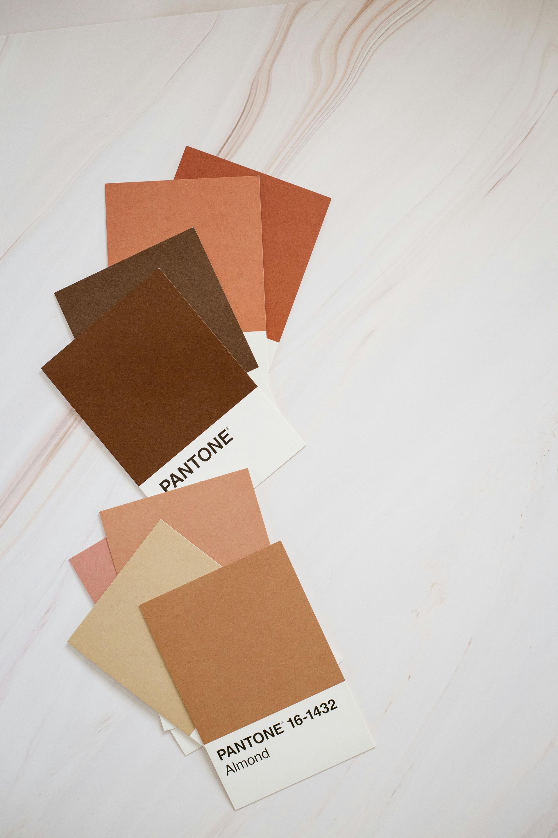 There are many different shades of brown paints on the table.