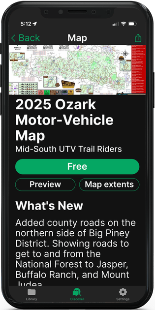Mobile app screen showing a 2025 Ozark motor-vehicle map listing with “Free,” “Preview,” and “Map excerpts” buttons