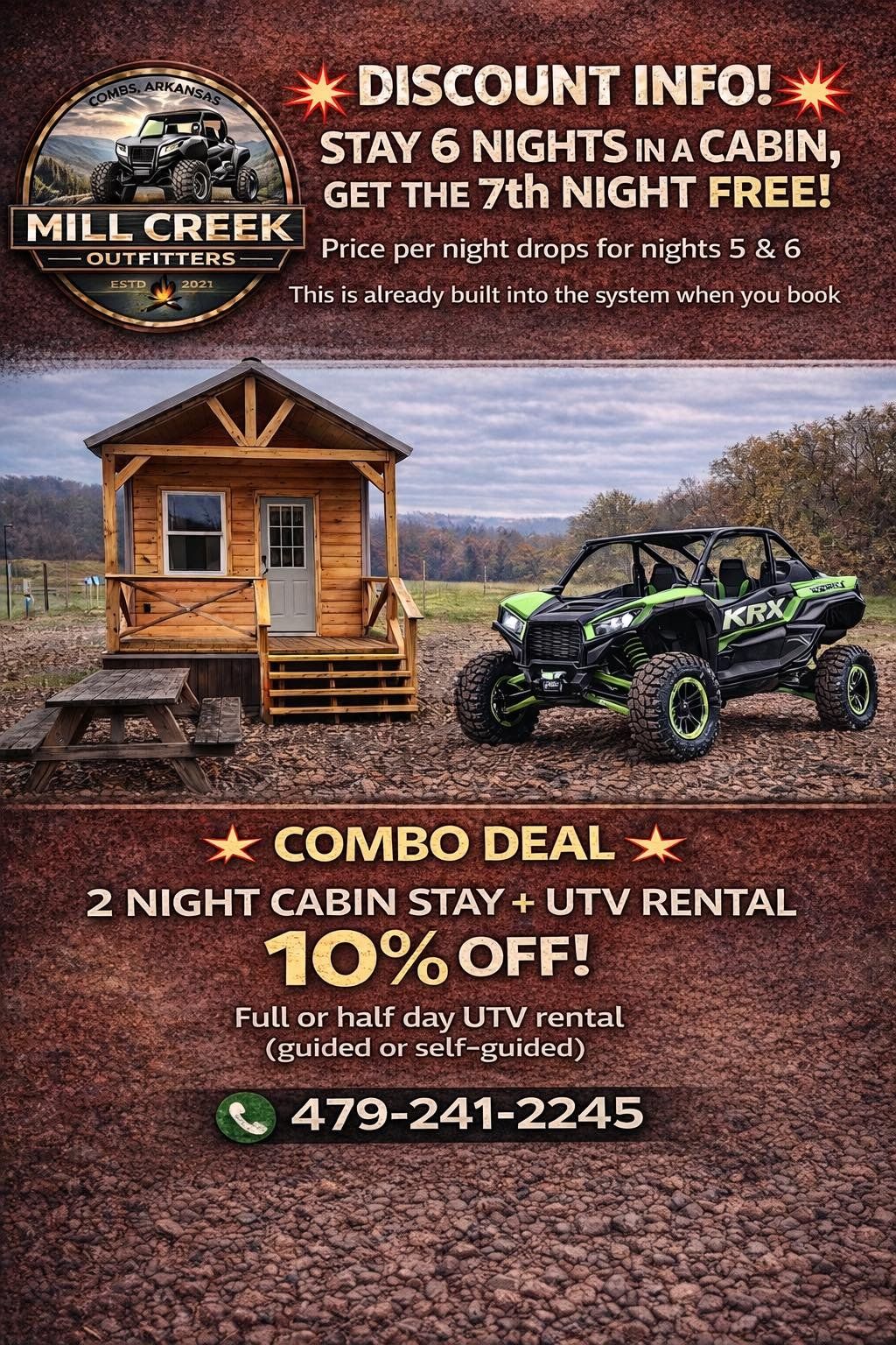 Rustic cabin and ATV rental promo at Mill Creek: stay 6 nights, get 7th free, combo deal 10% off.