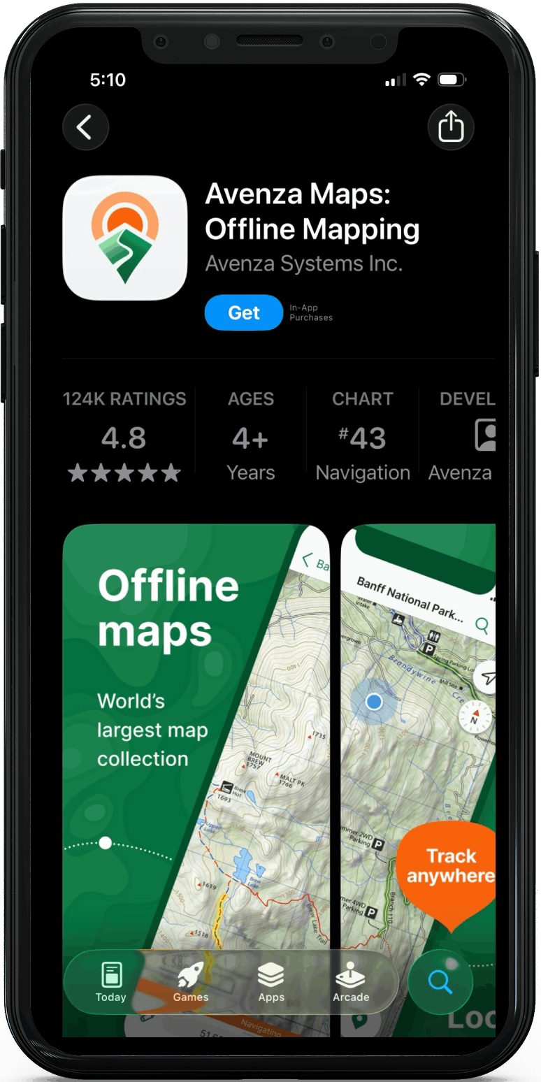 A smartphone showing the Avenza Maps app listing with “Offline maps” and a map preview.