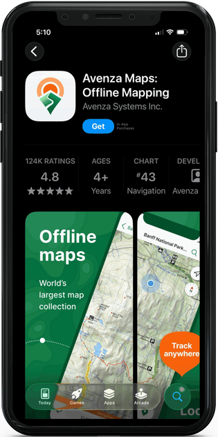 A smartphone showing the Avenza Maps app listing with “Offline maps” and a map preview.
