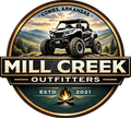 Mill Creek Outfitters logo with off-road truck, mountain sunset, and campfire; Combs, Arkansas, est. 2021