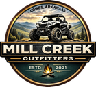 Mill Creek Outfitters logo with off-road truck, mountain sunset, and campfire; Combs, Arkansas, est. 2021