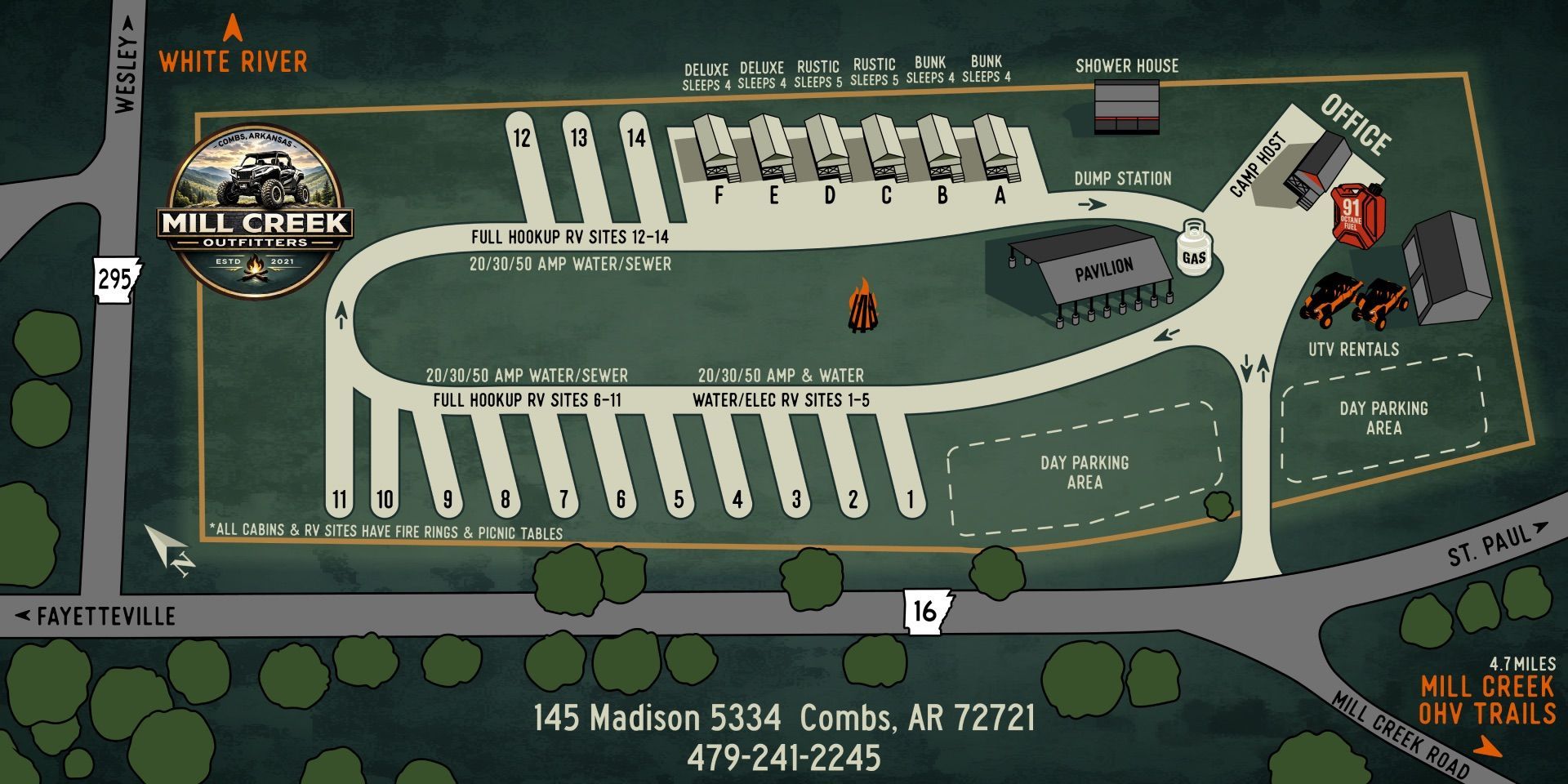 Aerial view of a green campground map with white roads, RV sites, buildings, and labeled sections