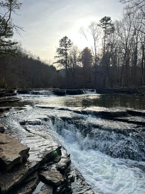 Rushing river cascading over rocks in a wooded landscape at dusk