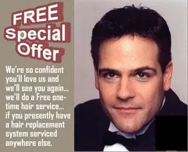 Advertisement for free hair service: Man in tuxedo, special offer text.