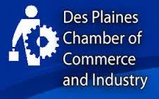 Logo for Des Plaines Chamber of Commerce and Industry: Blue background, white graphic of a person, gear, and briefcase, text in white.