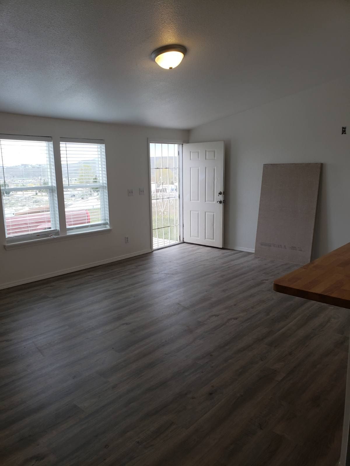 Empty living room with gray wood flooring, white walls, windows, open front door, and a ceiling light.