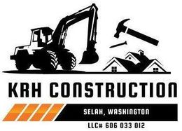 KRH Construction logo with excavator, roof icon, and orange stripes; Selah, Washington.