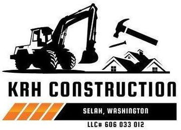 KRH Construction logo with excavator, roof icon, and orange stripes; Selah, Washington.