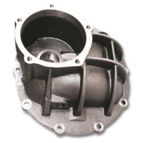 Black metal mechanical housing with circular openings and bolt holes on a white background