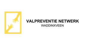 Logo van Valpreventie Netwerk Waddinxveen: gele handen die naar elkaar reiken binnen een geel kader. Zwarte tekst.