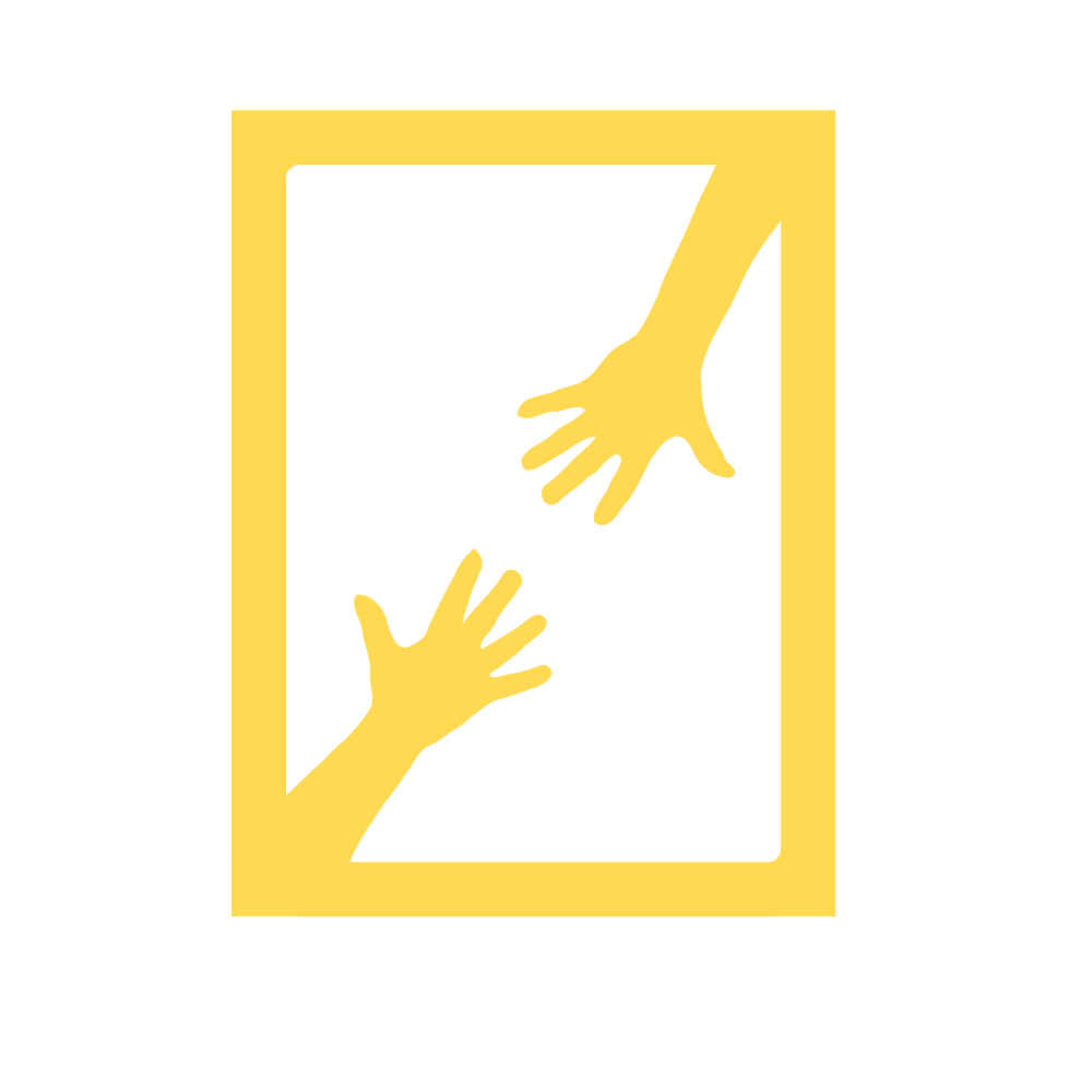 Gele lijst met uitreikende handen, die hulp of verbinding symboliseren.