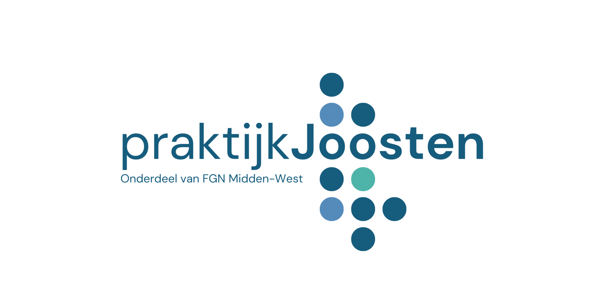 Logo voor "praktijk Joosten" met turquoise tekst en een patroon van gekleurde cirkels.